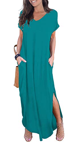 GRECERELLE Women's Casual Loose Pocket Long Dress Short Sleeve Split Maxi Dresses at Amazon Womenâs Clothing store: