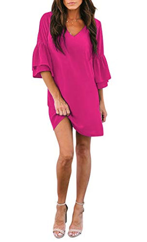 BELONGSCI Women's Dress Sweet & Cute V-Neck Bell Sleeve Shift Dress Mini Dress at Amazon Womenâs Clothing store: