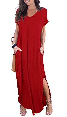 GRECERELLE Women's Casual Loose Pocket Long Dress Short Sleeve Split Maxi Dresses at Amazon Womenâs Clothing store: