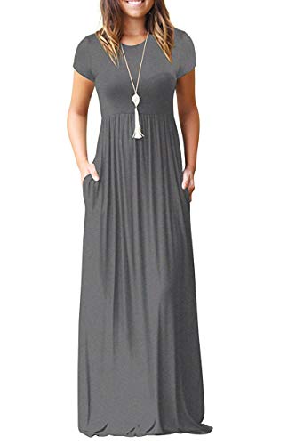 AUSELILY Women Short Sleeve Loose Plain Casual Long Maxi Dresses with Pockets at Amazon Womenâs Clothing store: