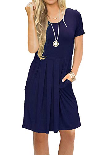 AUSELILY Women's Short Sleeve Pleated Loose Swing Casual Dress with Pockets Knee Length at Amazon Womenâs Clothing store: