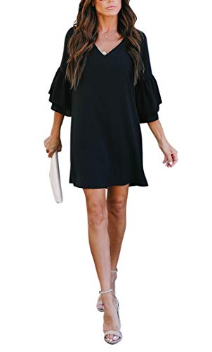 BELONGSCI Women's Dress Sweet & Cute V-Neck Bell Sleeve Shift Dress Mini Dress at Amazon Womenâs Clothing store: