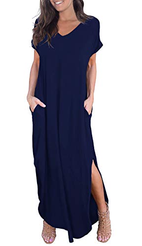 GRECERELLE Women's Casual Loose Pocket Long Dress Short Sleeve Split Maxi Dresses at Amazon Womenâs Clothing store: