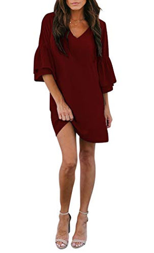 BELONGSCI Women's Dress Sweet & Cute V-Neck Bell Sleeve Shift Dress Mini Dress at Amazon Womenâs Clothing store: