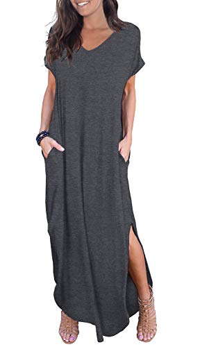 GRECERELLE Women's Casual Loose Pocket Long Dress Short Sleeve Split Maxi Dresses at Amazon Womenâs Clothing store: