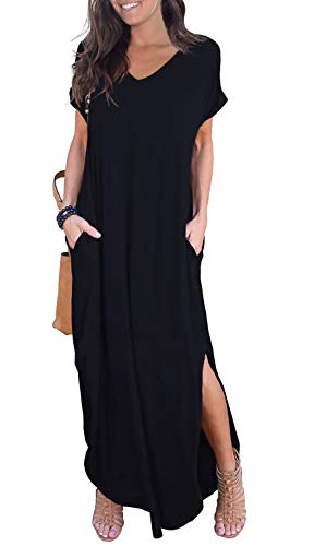 GRECERELLE Women's Casual Loose Pocket Long Dress Short Sleeve Split Maxi Dresses at Amazon Womenâs Clothing store: