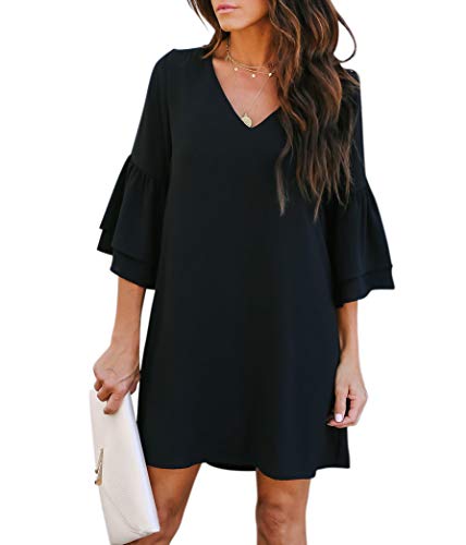 BELONGSCI Women's Dress Sweet & Cute V-Neck Bell Sleeve Shift Dress Mini Dress at Amazon Womenâs Clothing store: