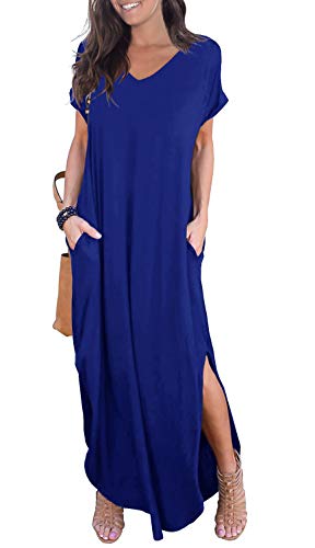 GRECERELLE Women's Casual Loose Pocket Long Dress Short Sleeve Split Maxi Dresses at Amazon Womenâs Clothing store: