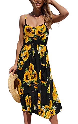 Angashion Women's Dresses-Summer Floral Bohemian Spaghetti Strap Button Down Swing Midi Dress with Pockets at Amazon Womenâs Clothing store: