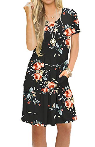 AUSELILY Women's Short Sleeve Pleated Loose Swing Casual Dress with Pockets Knee Length at Amazon Womenâs Clothing store: