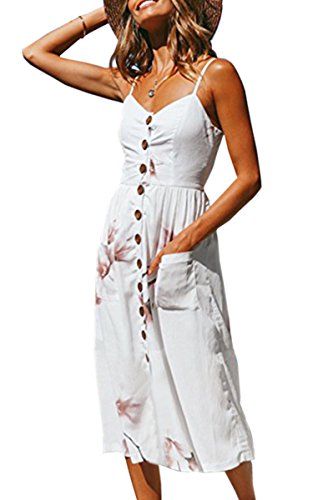 Angashion Women's Dresses-Summer Floral Bohemian Spaghetti Strap Button Down Swing Midi Dress with Pockets at Amazon Womenâs Clothing store: