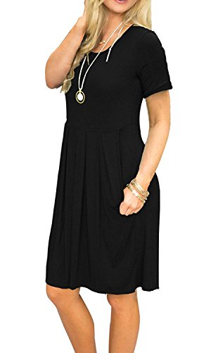 AUSELILY Women's Short Sleeve Pleated Loose Swing Casual Dress with Pockets Knee Length at Amazon Womenâs Clothing store: