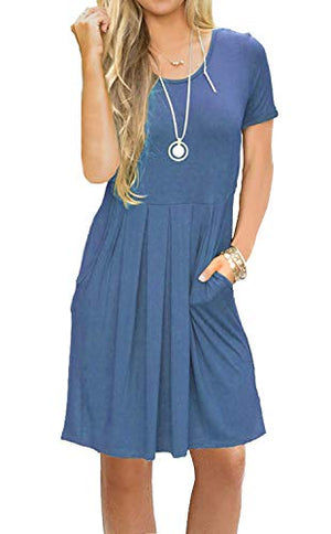 AUSELILY Women's Short Sleeve Pleated Loose Swing Casual Dress with Pockets Knee Length at Amazon Womenâs Clothing store: