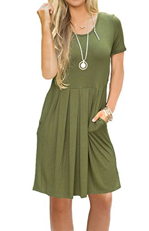 AUSELILY Women's Short Sleeve Pleated Loose Swing Casual Dress with Pockets Knee Length at Amazon Womenâs Clothing store: