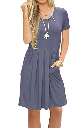 AUSELILY Women's Short Sleeve Pleated Loose Swing Casual Dress with Pockets Knee Length at Amazon Womenâs Clothing store: