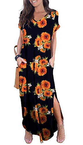 GRECERELLE Women's Casual Loose Pocket Long Dress Short Sleeve Split Maxi Dresses at Amazon Womenâs Clothing store: