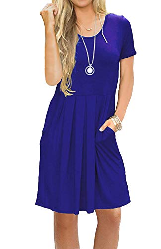 AUSELILY Women's Short Sleeve Pleated Loose Swing Casual Dress with Pockets Knee Length at Amazon Womenâs Clothing store: