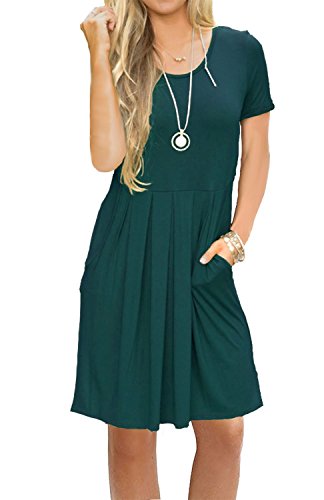 AUSELILY Women's Short Sleeve Pleated Loose Swing Casual Dress with Pockets Knee Length at Amazon Womenâs Clothing store: