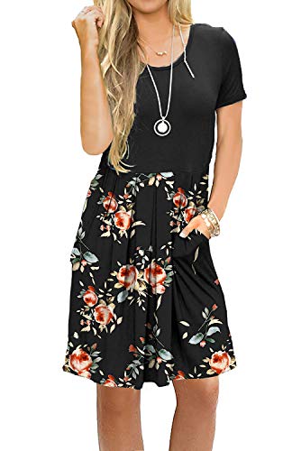 AUSELILY Women's Short Sleeve Pleated Loose Swing Casual Dress with Pockets Knee Length at Amazon Womenâs Clothing store: