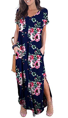 GRECERELLE Women's Casual Loose Pocket Long Dress Short Sleeve Split Maxi Dresses at Amazon Womenâs Clothing store: