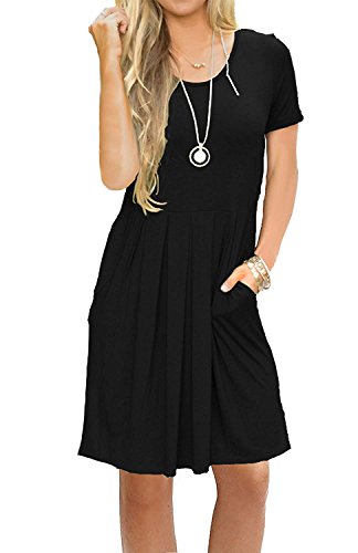 AUSELILY Women's Short Sleeve Pleated Loose Swing Casual Dress with Pockets Knee Length at Amazon Womenâs Clothing store: