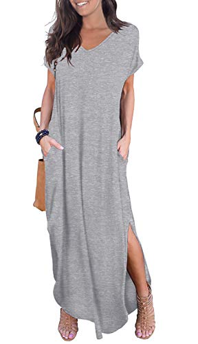 GRECERELLE Women's Casual Loose Pocket Long Dress Short Sleeve Split Maxi Dresses at Amazon Womenâs Clothing store: