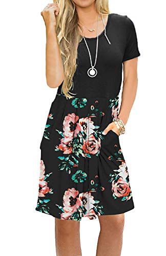 AUSELILY Women's Short Sleeve Pleated Loose Swing Casual Dress with Pockets Knee Length at Amazon Womenâs Clothing store: