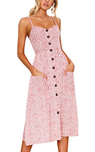 Angashion Women's Dresses-Summer Floral Bohemian Spaghetti Strap Button Down Swing Midi Dress with Pockets at Amazon Womenâs Clothing store: