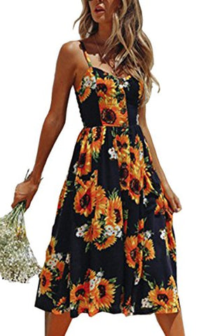 Angashion Women's Dresses-Summer Floral Bohemian Spaghetti Strap Button Down Swing Midi Dress with Pockets at Amazon Womenâs Clothing store: