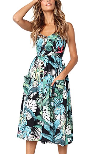 Angashion Women's Dresses-Summer Floral Bohemian Spaghetti Strap Button Down Swing Midi Dress with Pockets at Amazon Womenâs Clothing store: