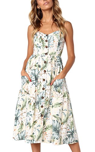 Angashion Women's Dresses-Summer Floral Bohemian Spaghetti Strap Button Down Swing Midi Dress with Pockets at Amazon Womenâs Clothing store: