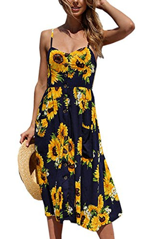 Angashion Women's Dresses-Summer Floral Bohemian Spaghetti Strap Button Down Swing Midi Dress with Pockets at Amazon Womenâs Clothing store: