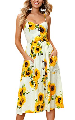 Angashion Women's Dresses-Summer Floral Bohemian Spaghetti Strap Button Down Swing Midi Dress with Pockets at Amazon Womenâs Clothing store: