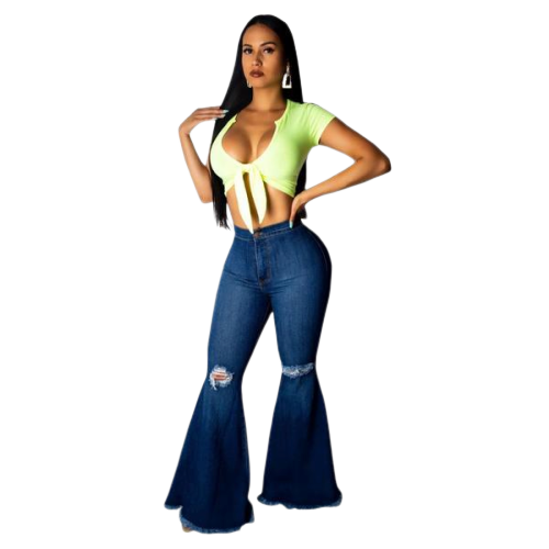 Tsuretobe Fashion Denim Flare Pants Women Retro Ripped Jeans Wide Leg Trousers Lady Casual Bell-Bottoms Flare Pant Female