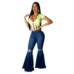 Tsuretobe Fashion Denim Flare Pants Women Retro Ripped Jeans Wide Leg Trousers Lady Casual Bell-Bottoms Flare Pant Female