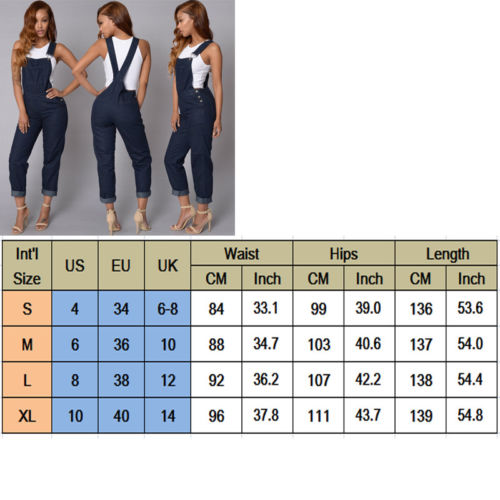 Causal Women Baggy Denim High Waist Bib Full Length Overall Jumpsuit Skinny Button Jeans Size S-XL