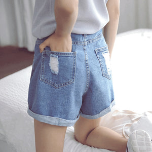 Bull-puncher knickers female Korean style preppy style summer holes loose edge wide-legged jeans hot pants fashion denim shorts