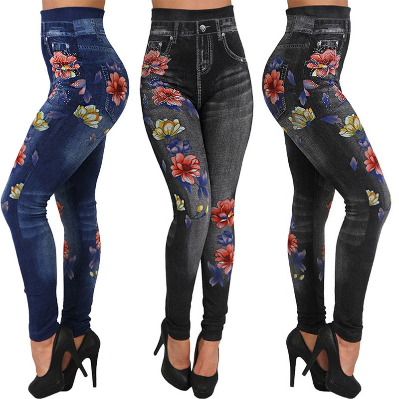 Laamei 2019 Women Stretch High Waist Skinny Jeans Floral Print Denim Trousers Black Pencil Pants Leggings Jeans Plus Size