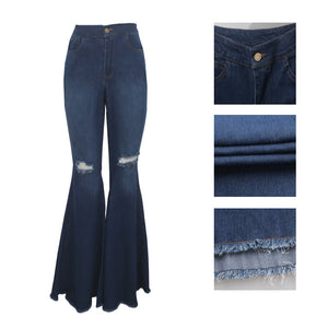 Tsuretobe Fashion Denim Flare Pants Women Retro Ripped Jeans Wide Leg Trousers Lady Casual Bell-Bottoms Flare Pant Female