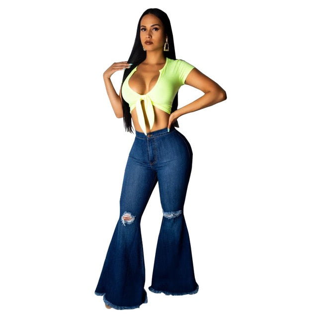 Tsuretobe Fashion Denim Flare Pants Women Retro Ripped Jeans Wide Leg Trousers Lady Casual Bell-Bottoms Flare Pant Female