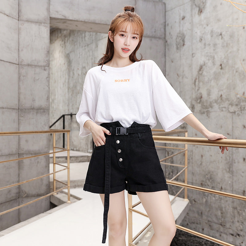 Black Jeans Shorts  Nv Xia New Style 2019  Chaozhou version is super high waist and slim  A-shaped hot pants for loose outfits